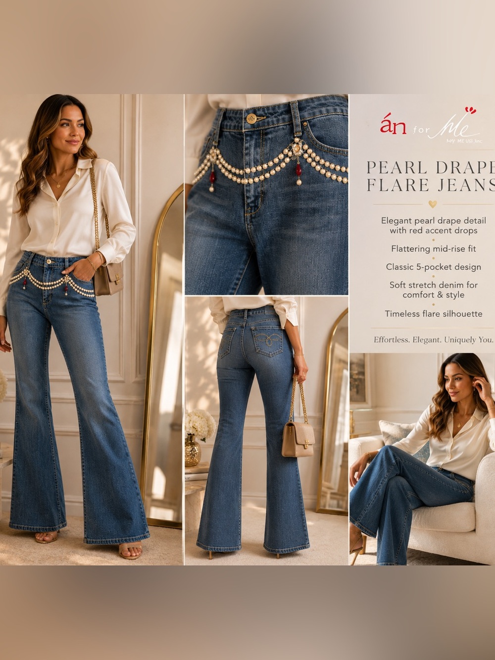 ✨ Án for Me Pearl-Draped Flare Jeans — Size 31